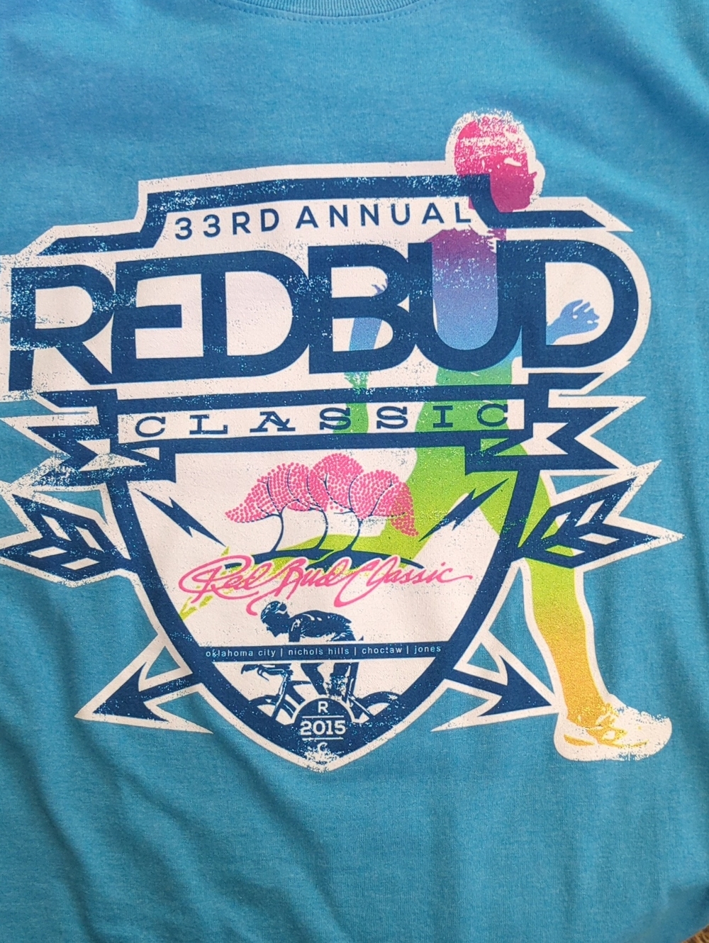2015 Red Bud Classic Marathon Event Tee, Blue Short Sleeve with Multicolor Print